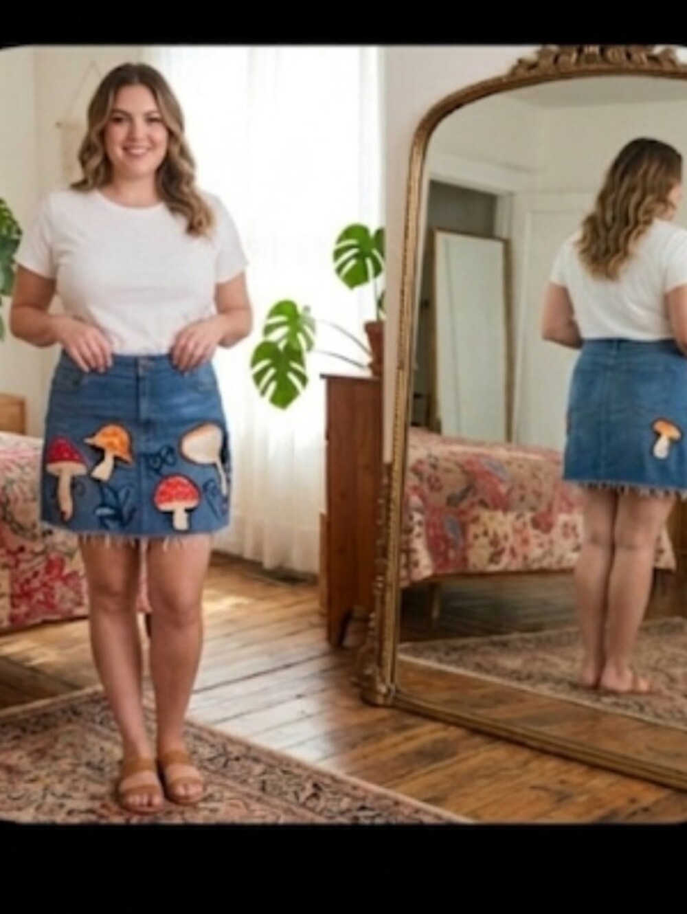 PLUSH MUSHrooms Denim Mini Skirt Sz 16 Appliques Upcycled
